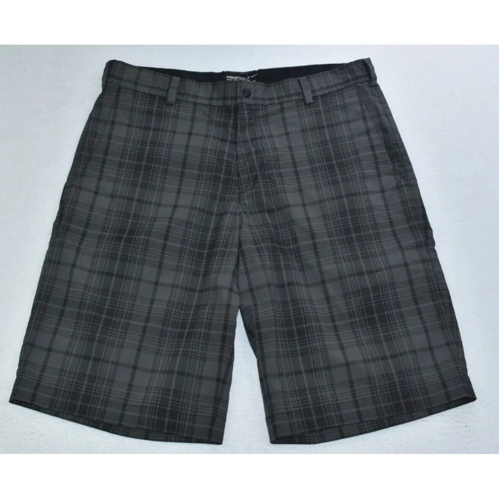 Nike Golf Tour Performance Mens Shorts Size 35 Gray/Black Plaid Chino Flat Front